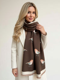 LARGE BROWN ROBIN REVERSIBLE WINTER SHAWL BLANKET SCARF