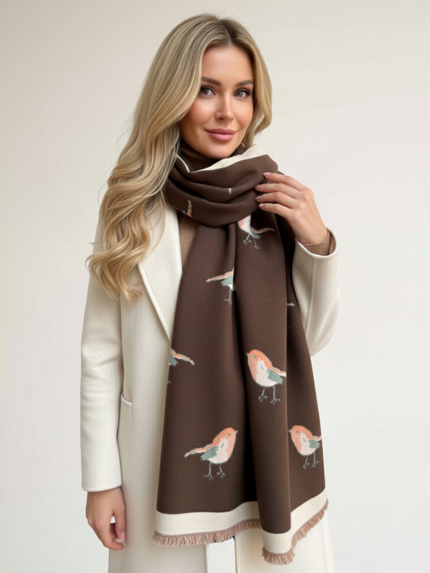 LARGE BROWN ROBIN REVERSIBLE WINTER SHAWL BLANKET SCARF