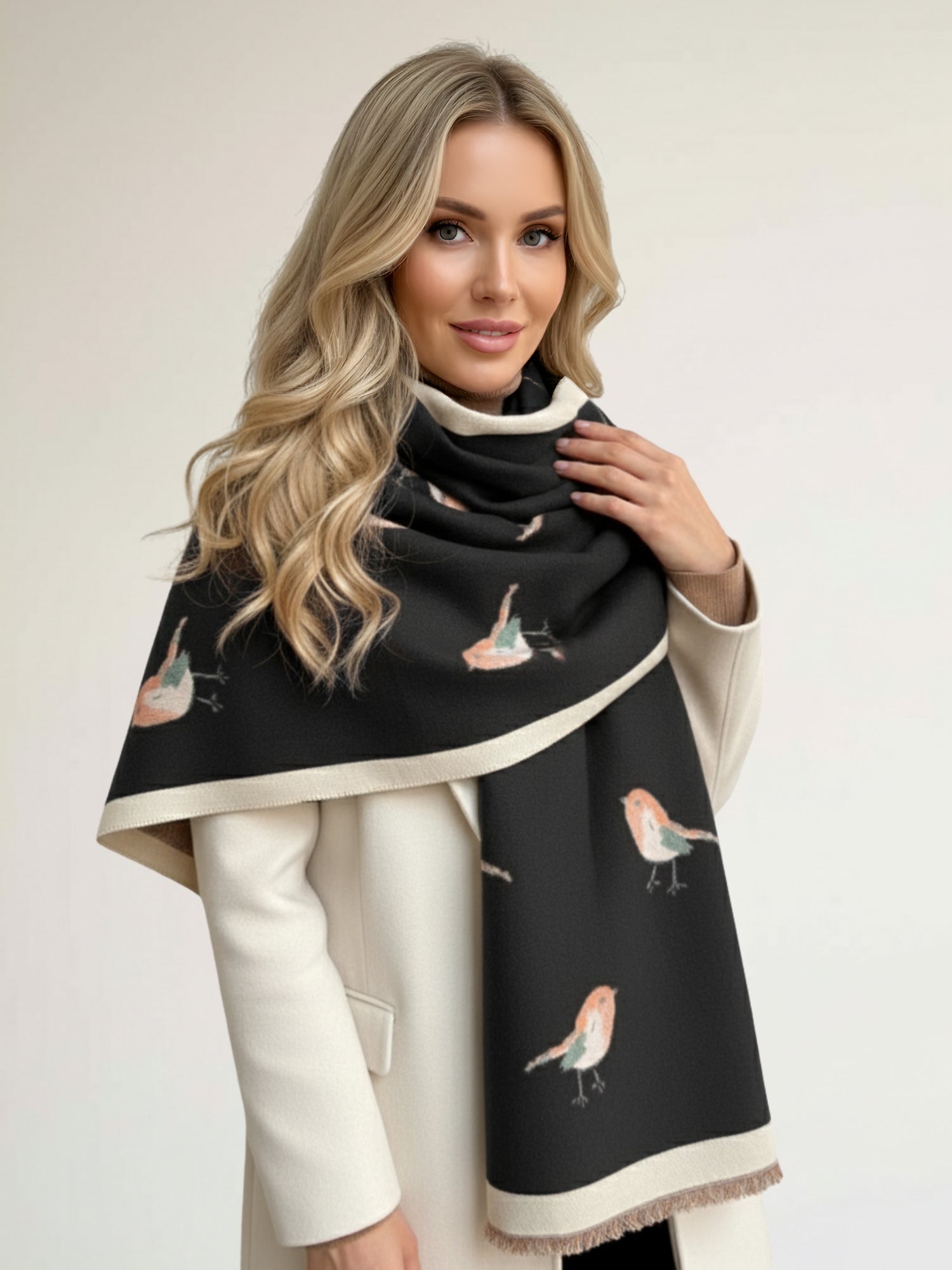 LARGE BLACK ROBIN REVERSIBLE WINTER SHAWL BLANKET SCARF