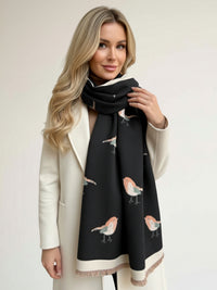 LARGE BLACK ROBIN REVERSIBLE WINTER SHAWL BLANKET SCARF