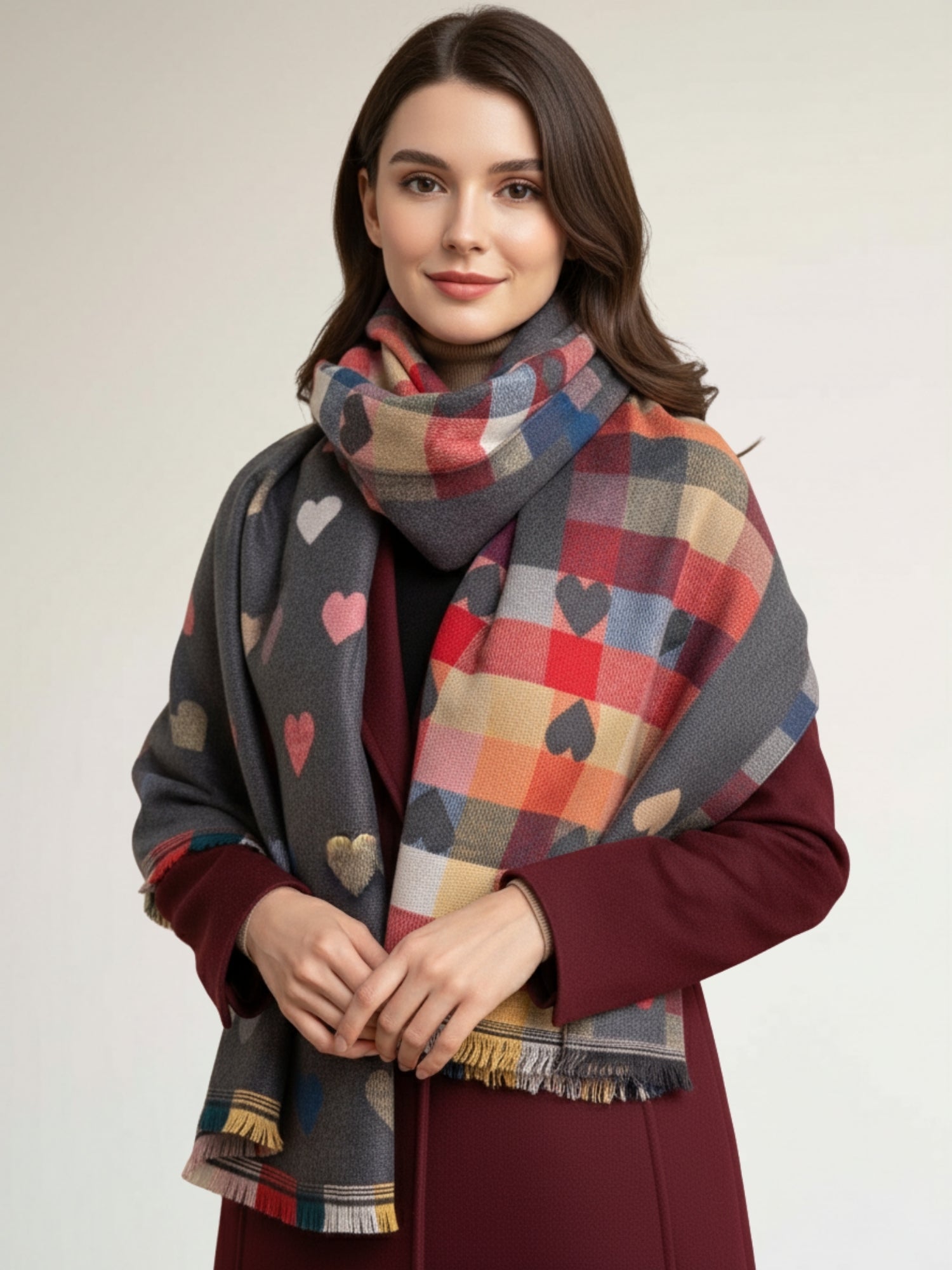 LARGE CHECKED HEART PRINT REVERSIBLE WINTER SHAWL BLANKET SCARF - GREY