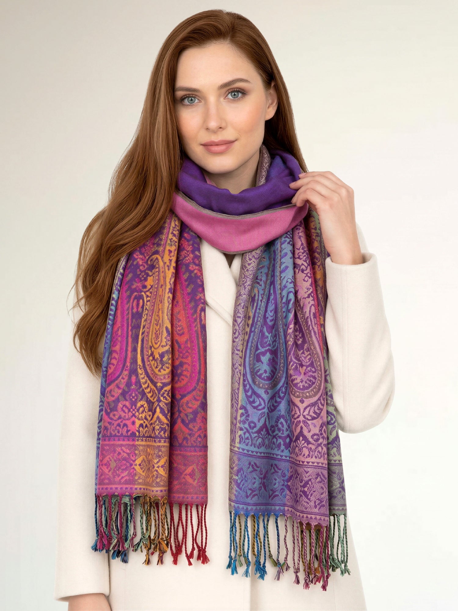 LARGE PURPLE RAINBOW MULTI COLOUR PAISLEY PRINT PASHMINA SHAWL SCARF - A-SHU.CO.UK