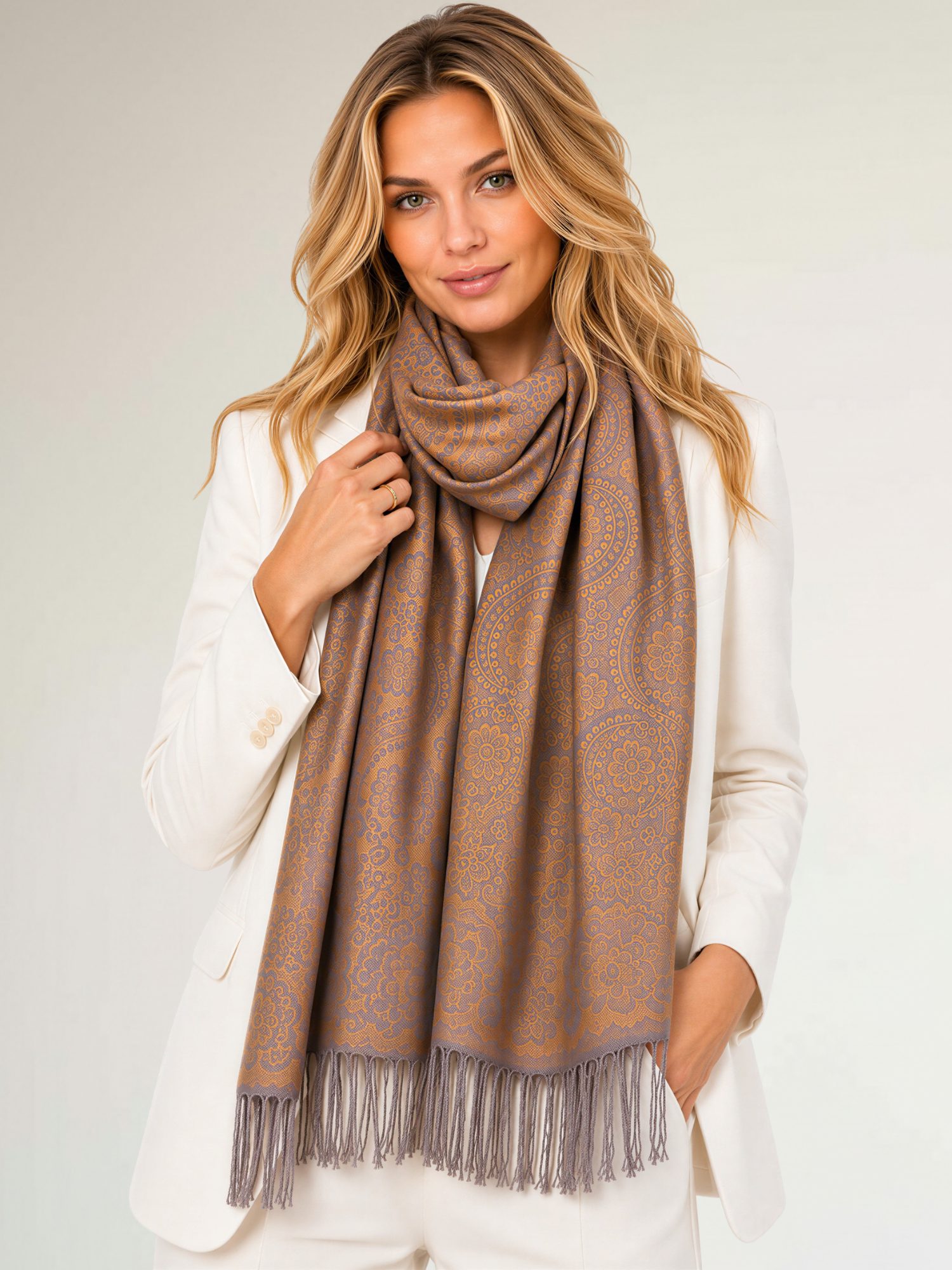 LARGE BRONZE GOLD SWIRL FLORAL PRINT REVERSIBLE PASHMINA SHAWL SCARF - A-SHU.CO.UK