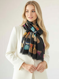BLACK COTTON BLEND CAT PRINT LIGHTWEIGHT SCARF