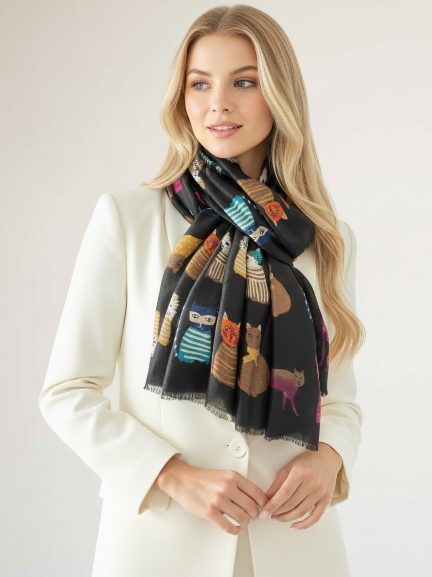 BLACK COTTON BLEND CAT PRINT LIGHTWEIGHT SCARF