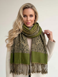 LARGE PLAIN GREEN REVERSIBLE MULTI COLOUR PAISLEY PRINT PASHMINA SHAWL SCARF WRAP - A-SHU.CO.UK