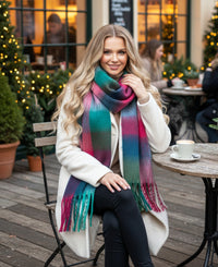 WHITE CHECKED WOOL RAINBOW BLANKET SCARF OVERSIZED WINTER SHAWL WRAP