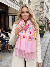 LARGE PINK FLOWER PRINT CASHMERE COTTON BLEND WINTER SHAWL BLANKET SCARF
