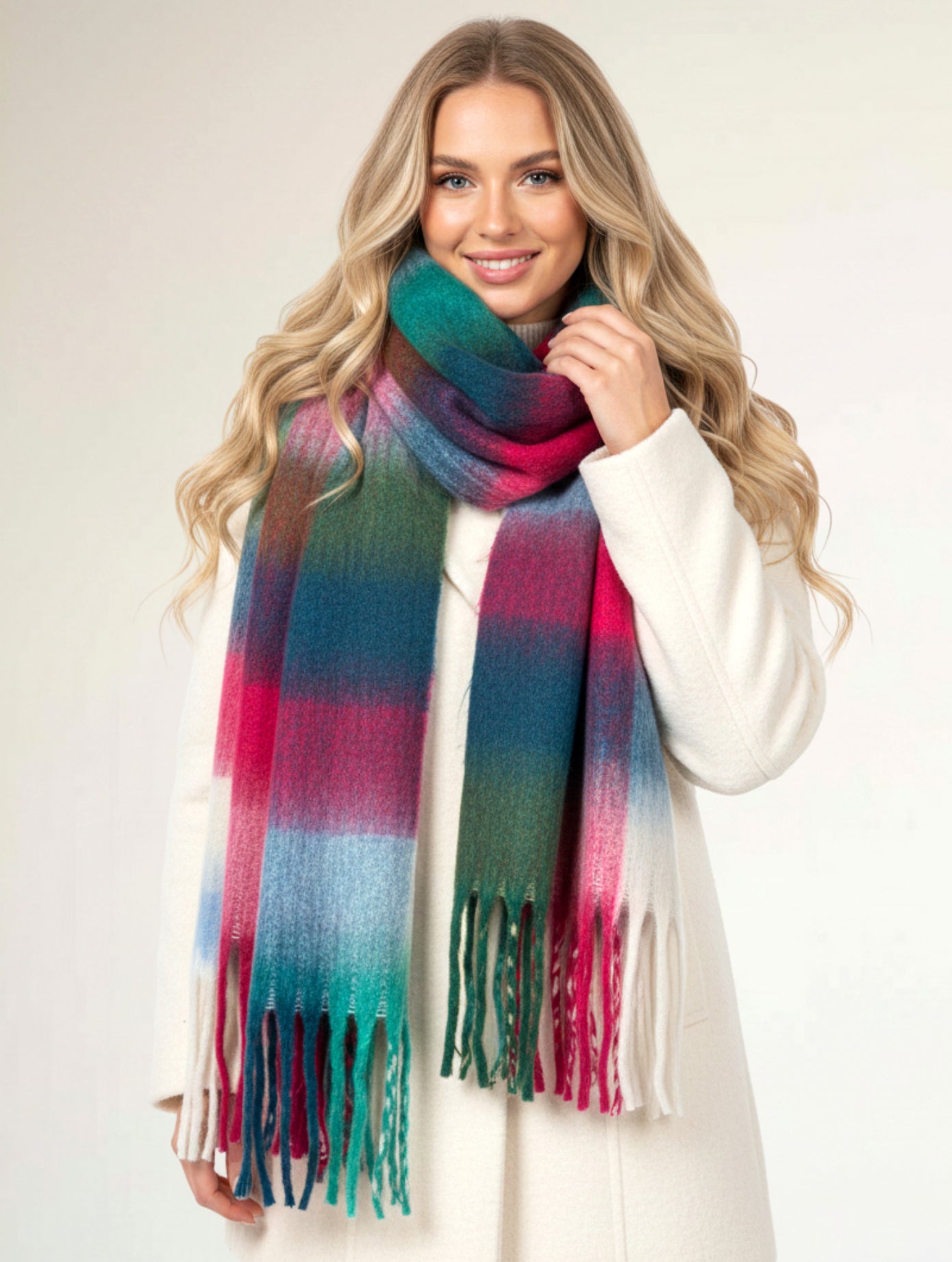WHITE CHECKED WOOL RAINBOW BLANKET SCARF OVERSIZED WINTER SHAWL WRAP