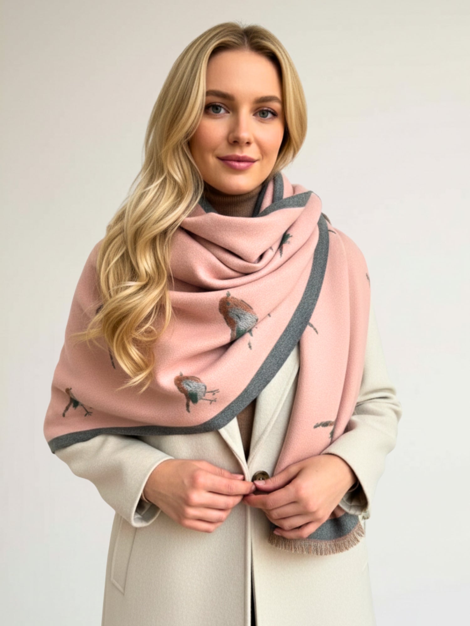 LARGE PINK ROBIN REVERSIBLE WINTER SHAWL BLANKET SCARF