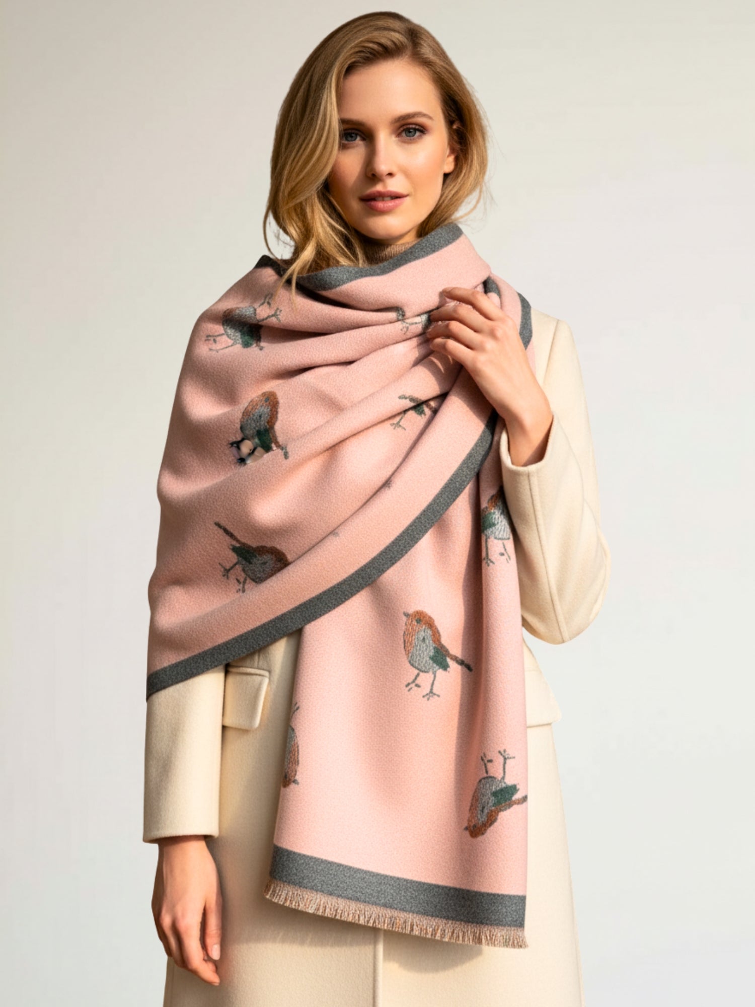 LARGE PINK ROBIN REVERSIBLE WINTER SHAWL BLANKET SCARF
