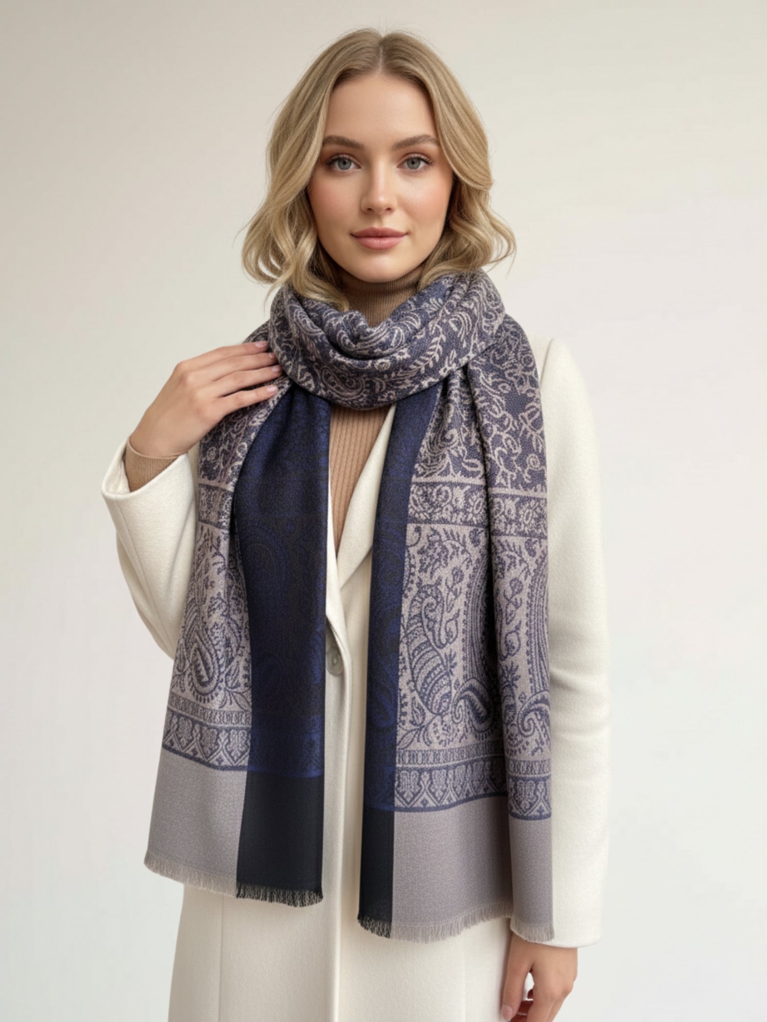 LARGE REVERSIBLE PAISLEY PRINT PASHMINA SHAWL SCARF WRAP - NAVY BLUE