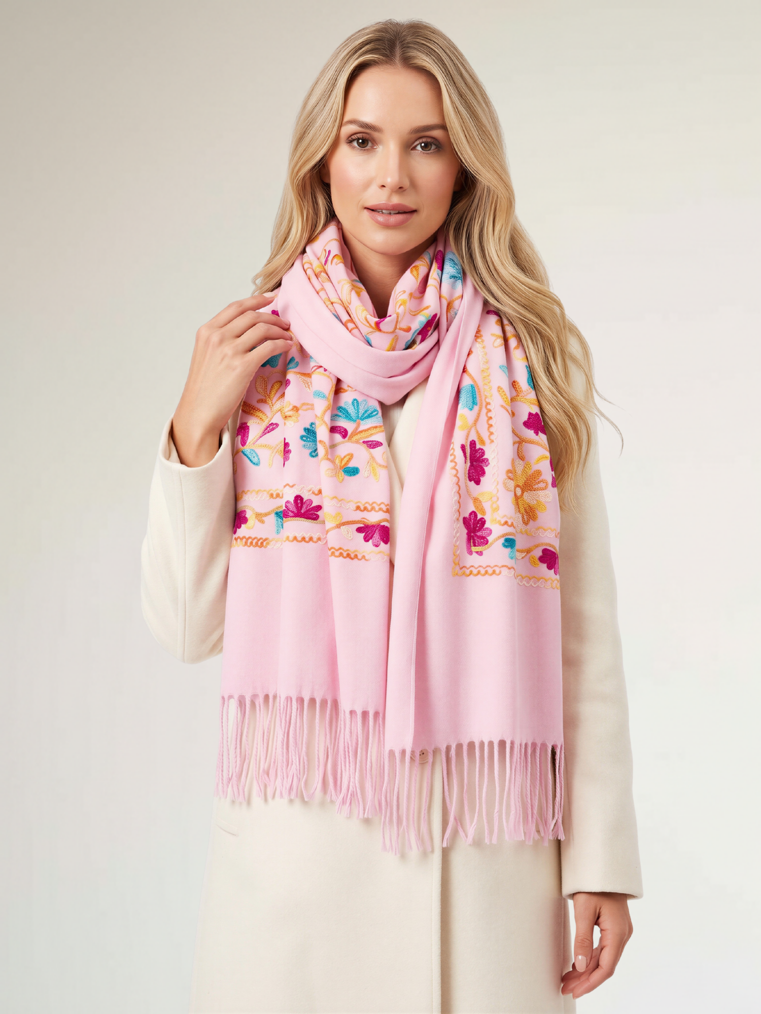 LARGE PINK FLOWER PRINT CASHMERE COTTON BLEND WINTER SHAWL BLANKET SCARF