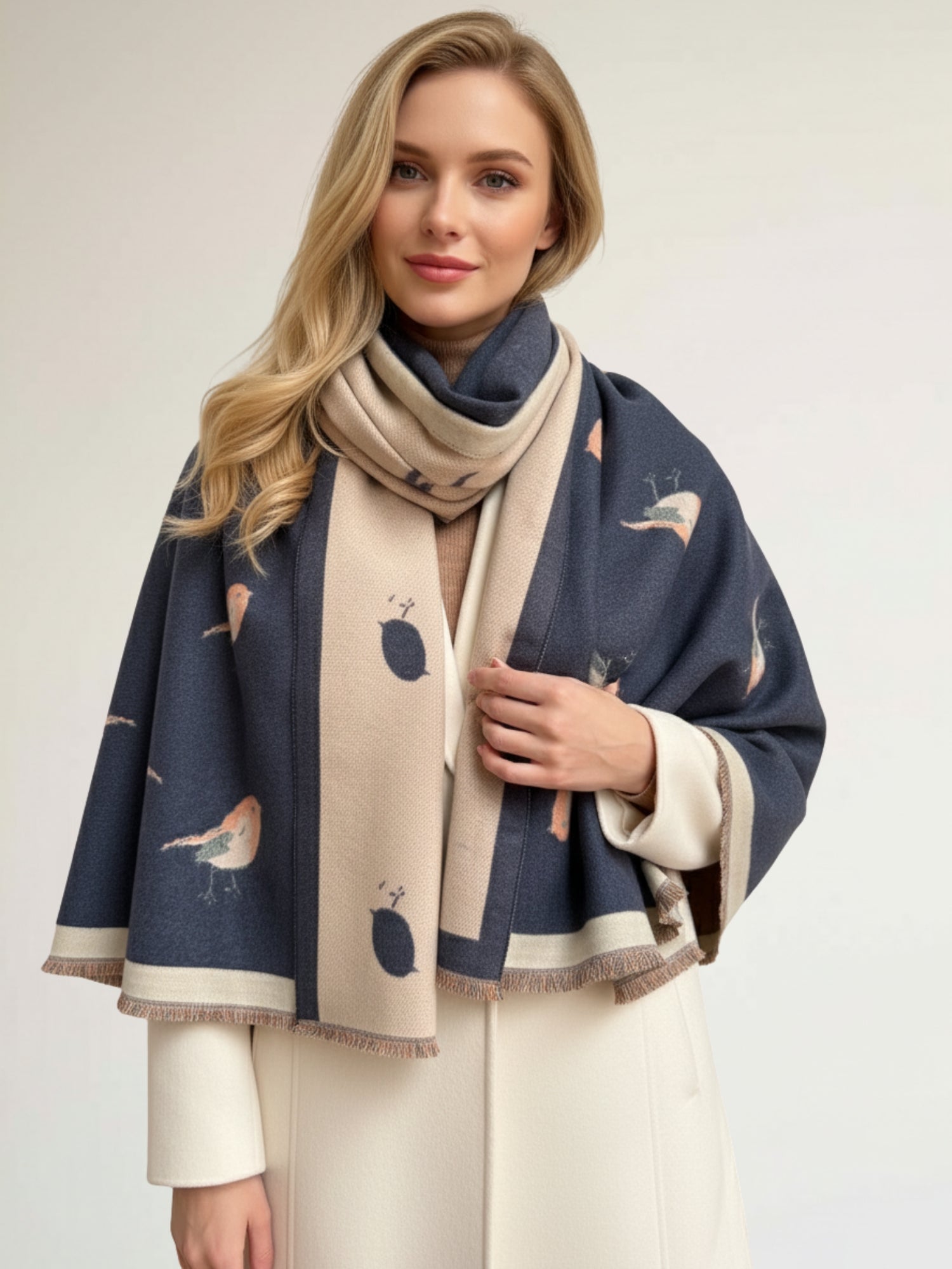 LARGE DENIM BLUE ROBIN REVERSIBLE WINTER SHAWL BLANKET SCARF