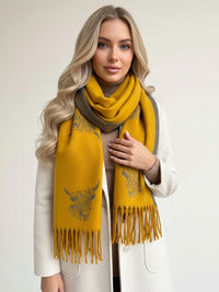 CASHMERE HIGHLAND COW PRINT REVERSIBLE WINTER SHAWL BLANKET SCARF - YELLOW