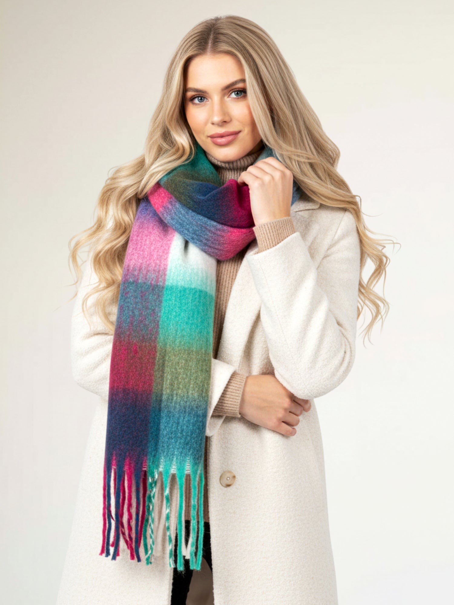WHITE CHECKED WOOL RAINBOW BLANKET SCARF OVERSIZED WINTER SHAWL WRAP