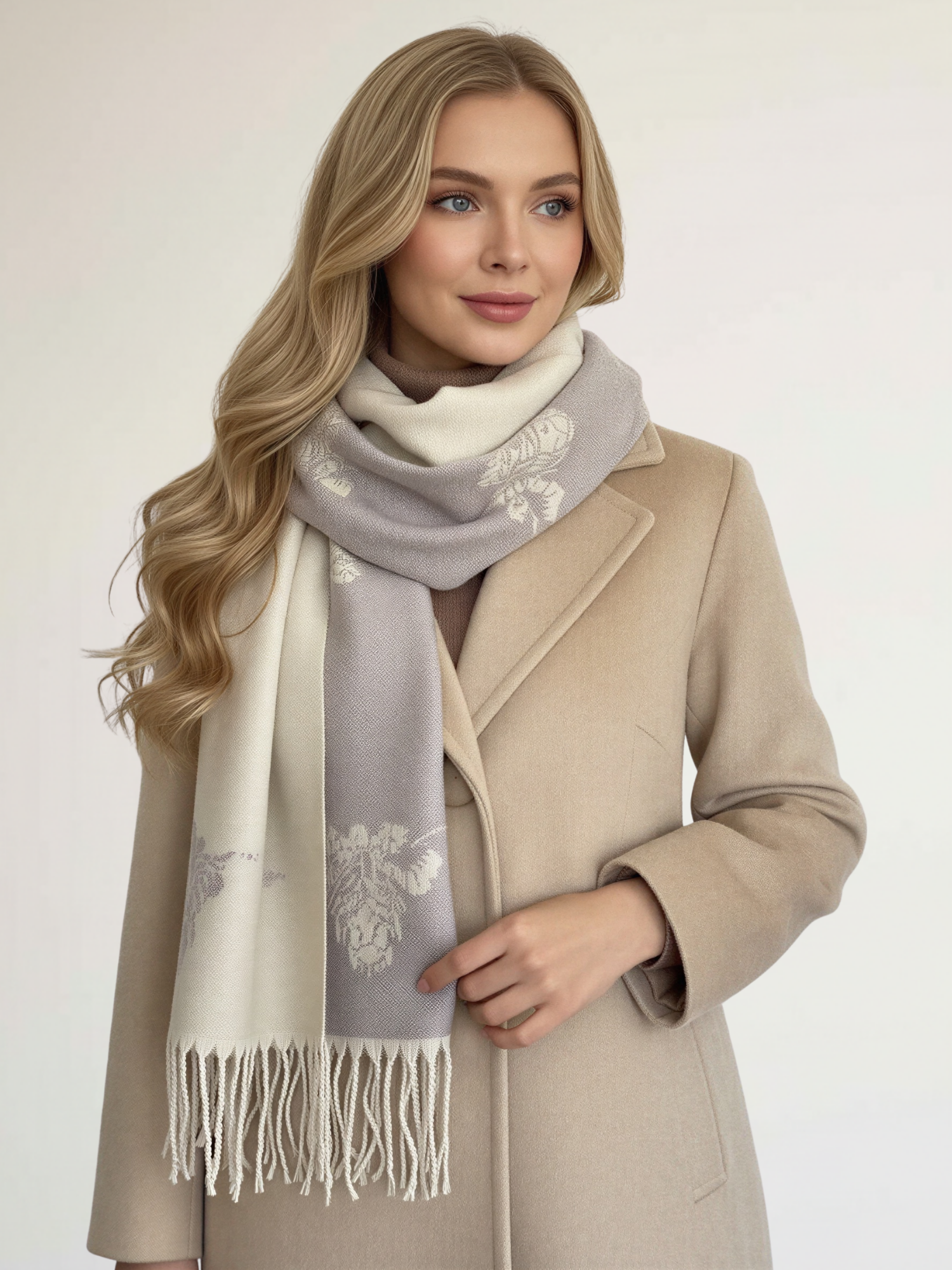 LARGE CREAM HIGHLAND COW CASHMERE REVERSIBLE SHAWL SCARF