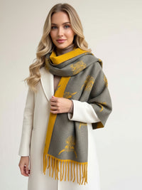 CASHMERE HIGHLAND COW PRINT REVERSIBLE WINTER SHAWL BLANKET SCARF - YELLOW