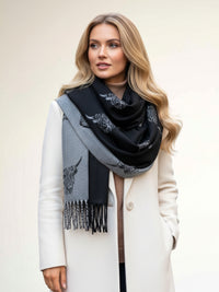CASHMERE HIGHLAND COW PRINT REVERSIBLE WINTER SHAWL BLANKET SCARF - BLACK