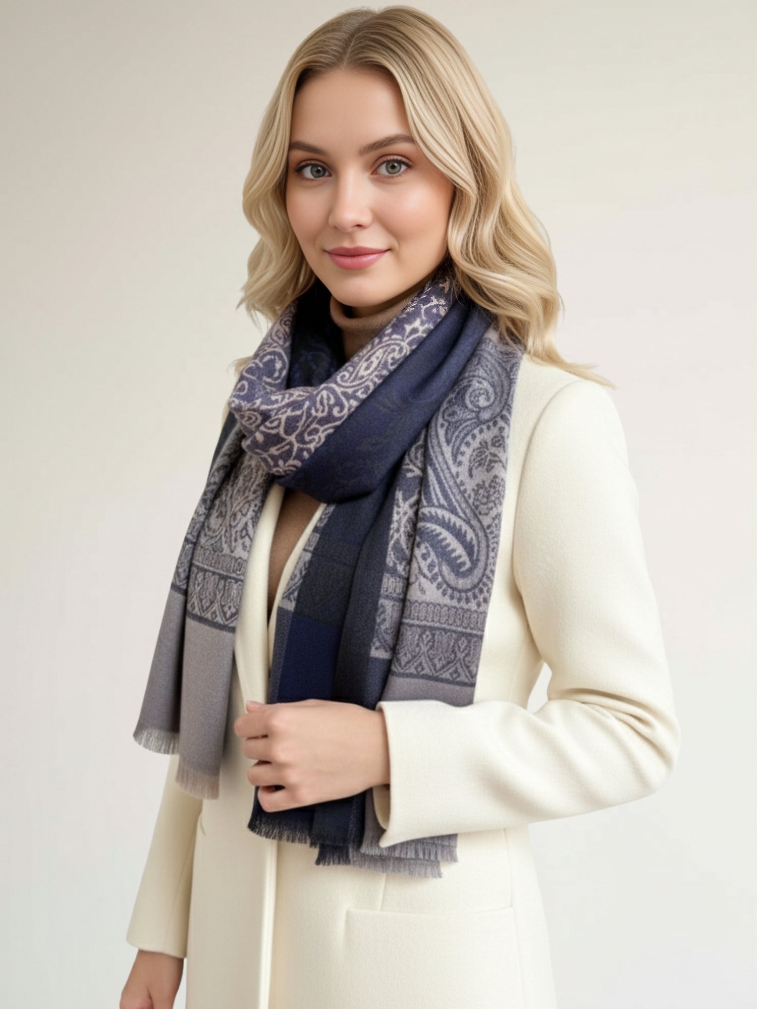 LARGE REVERSIBLE PAISLEY PRINT PASHMINA SHAWL SCARF WRAP - NAVY BLUE