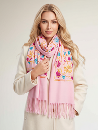 LARGE PINK FLOWER PRINT CASHMERE COTTON BLEND WINTER SHAWL BLANKET SCARF