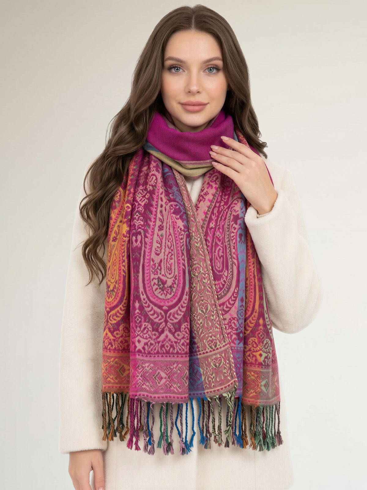 LARGE PINK RAINBOW MULTI COLOUR PAISLEY PRINT PASHMINA SHAWL SCARF - A-SHU.CO.UK