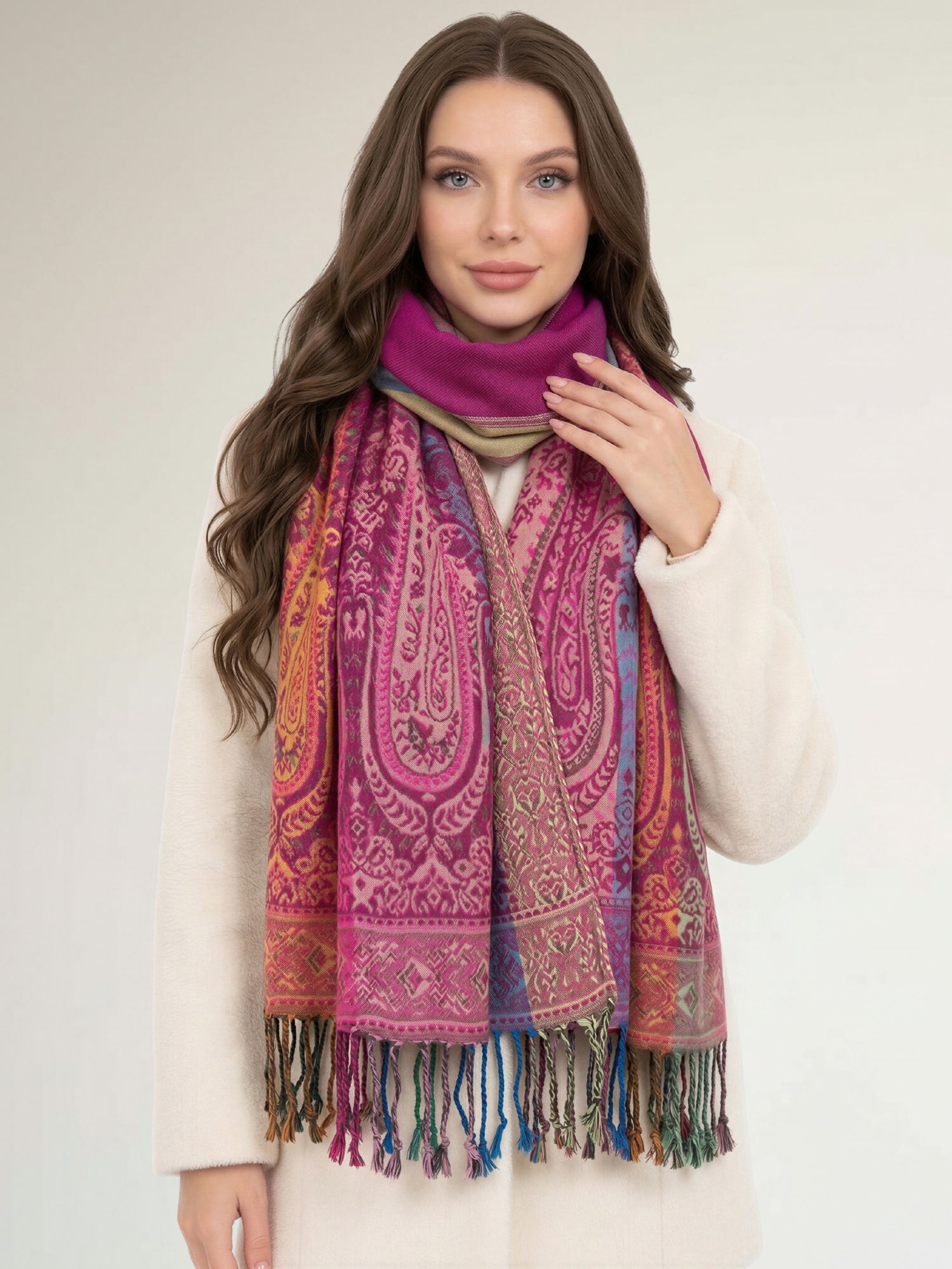 LARGE PINK RAINBOW MULTI COLOUR PAISLEY PRINT PASHMINA SHAWL SCARF