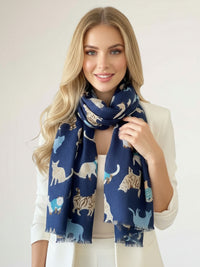 LIGHTWEIGHT BLUE SCARF WITH CATS - A-SHU.CO.UK