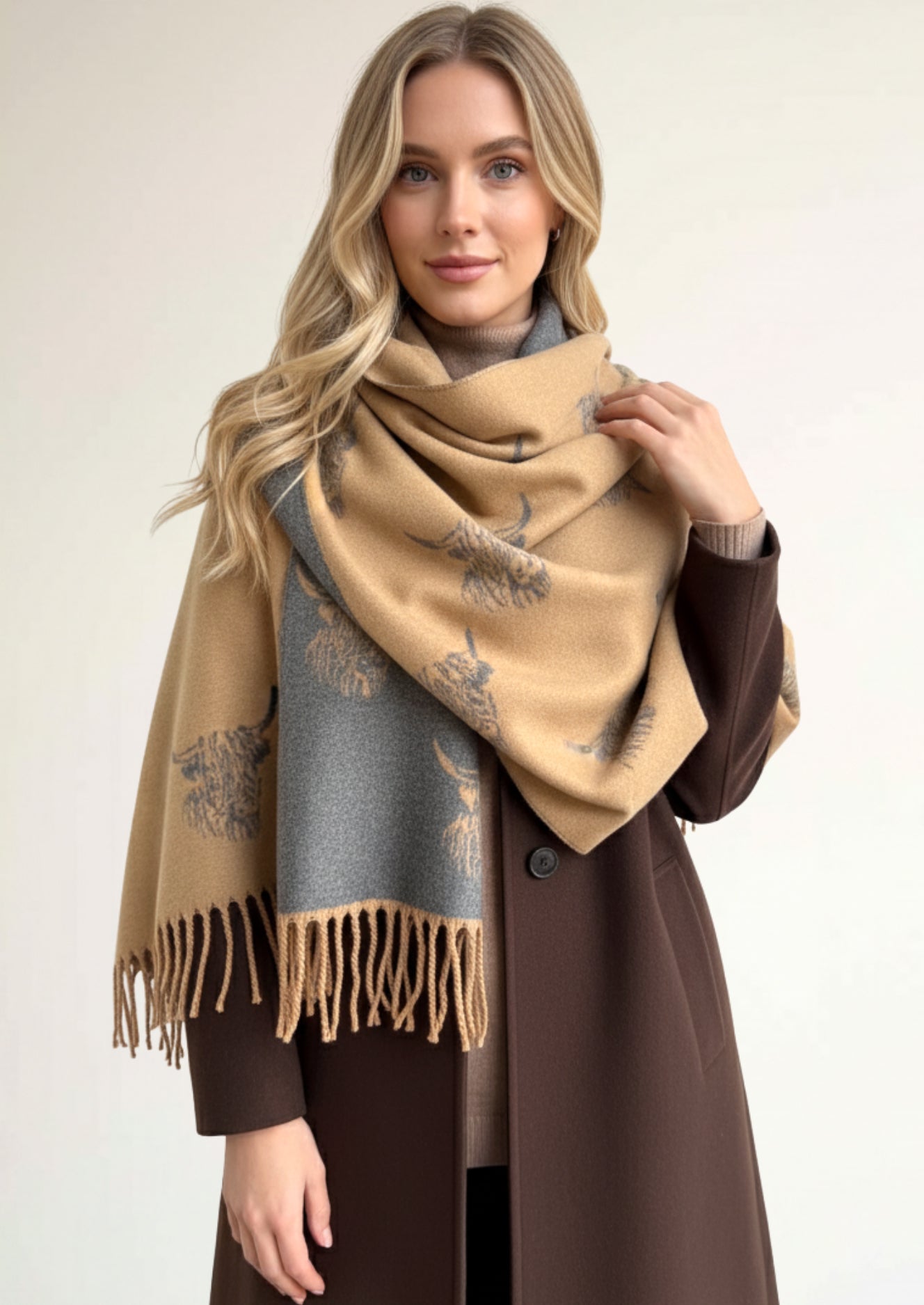 CASHMERE HIGHLAND COW PRINT REVERSIBLE WINTER SHAWL BLANKET SCARF - CAMEL