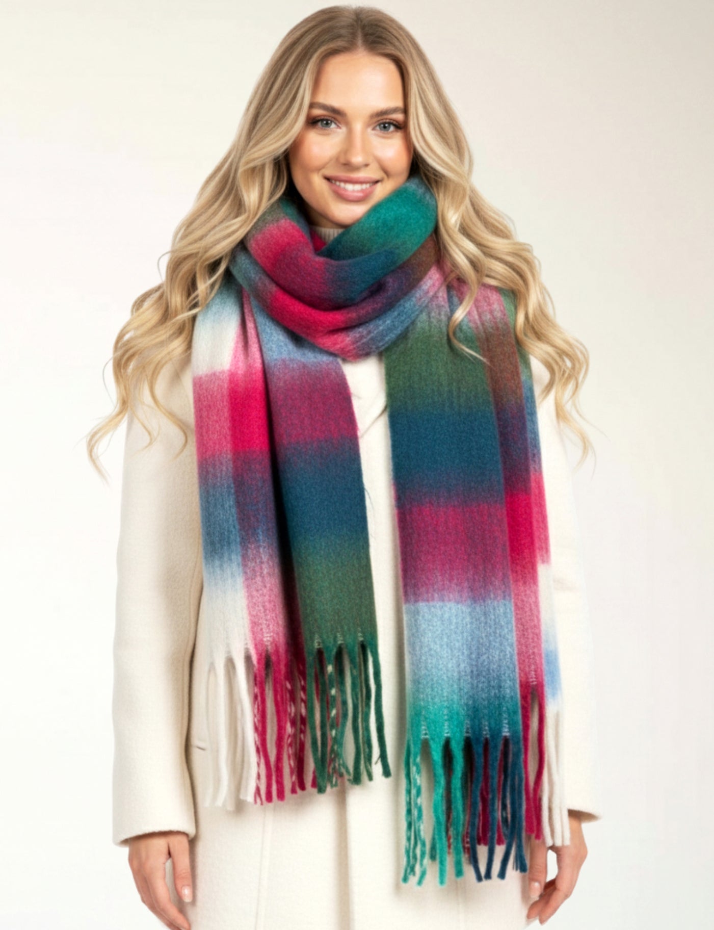 WHITE CHECKED WOOL RAINBOW BLANKET SCARF OVERSIZED WINTER SHAWL WRAP