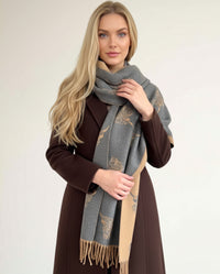 CASHMERE HIGHLAND COW PRINT REVERSIBLE WINTER SHAWL BLANKET SCARF - CAMEL