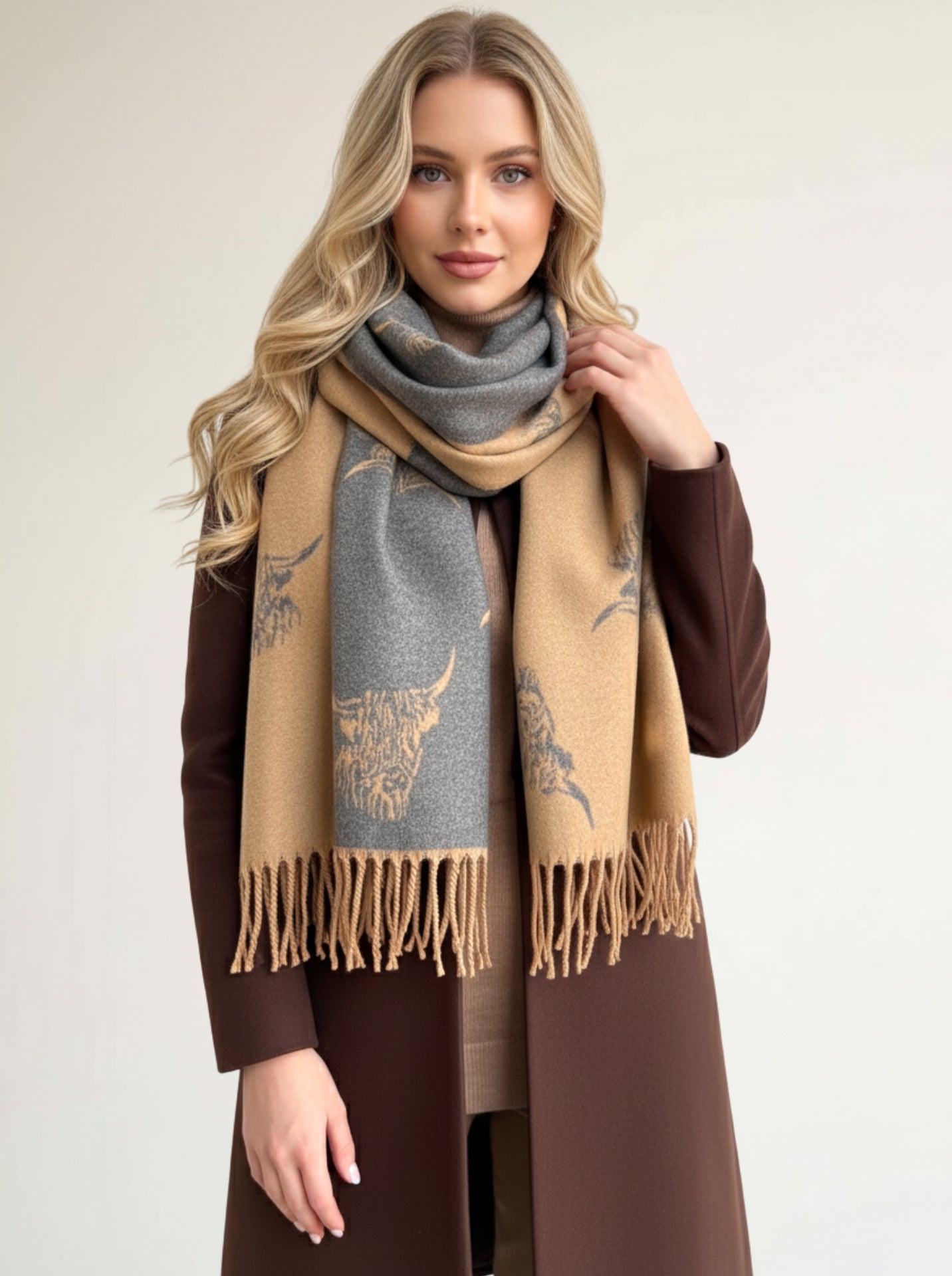 CASHMERE HIGHLAND COW PRINT REVERSIBLE WINTER SHAWL BLANKET SCARF - CAMEL