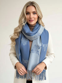 CASHMERE HIGHLAND COW PRINT REVERSIBLE WINTER SHAWL BLANKET SCARF - BLUE
