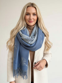 CASHMERE HIGHLAND COW PRINT REVERSIBLE WINTER SHAWL BLANKET SCARF - BLUE