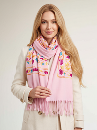 LARGE PINK FLOWER PRINT CASHMERE COTTON BLEND WINTER SHAWL BLANKET SCARF