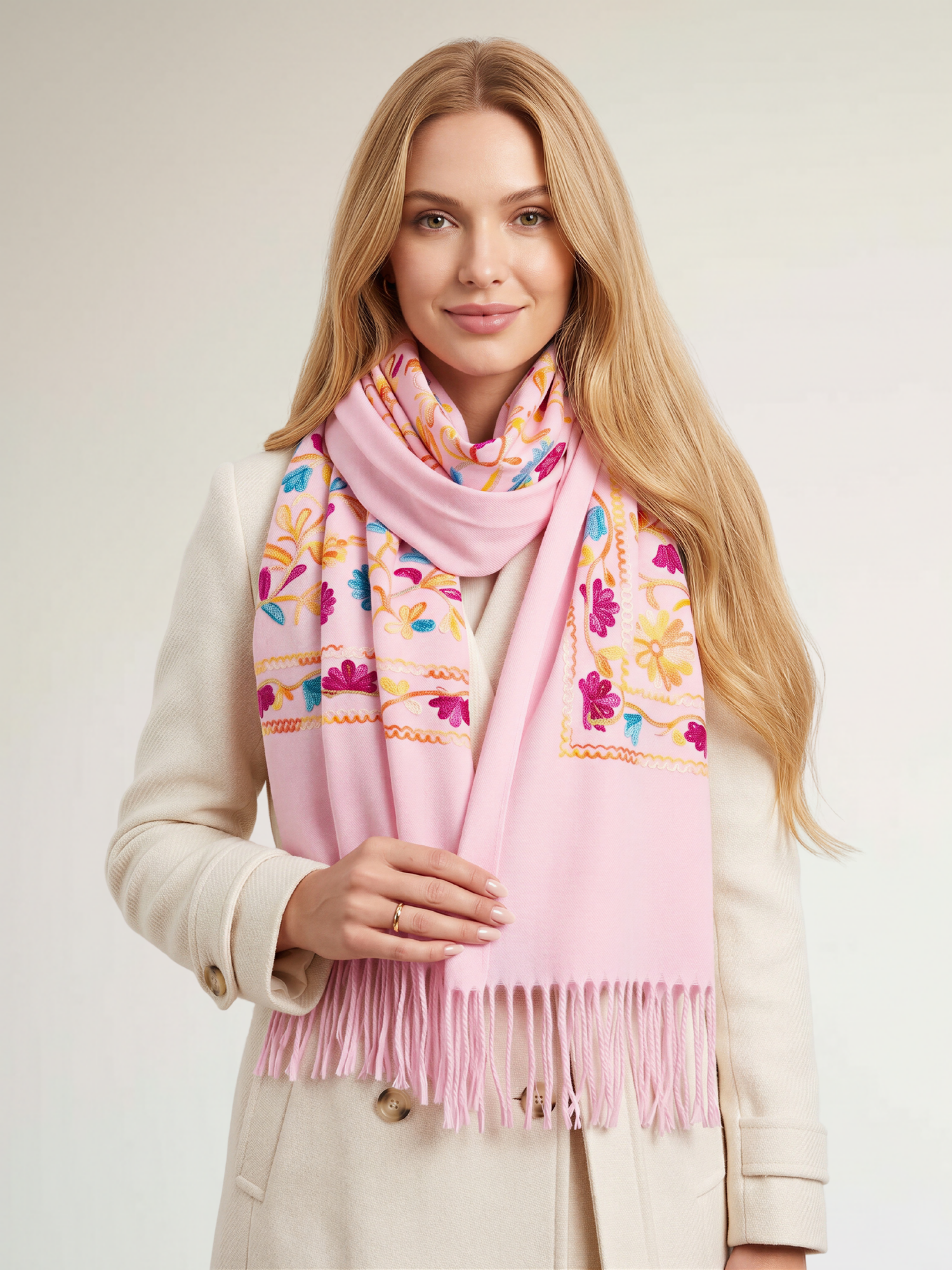 LARGE PINK FLOWER PRINT CASHMERE COTTON BLEND WINTER SHAWL BLANKET SCARF