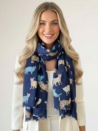 LIGHTWEIGHT BLUE SCARF WITH CATS - A-SHU.CO.UK