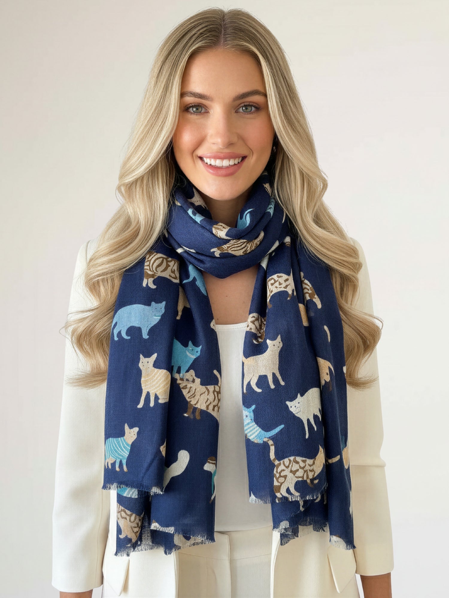 LIGHTWEIGHT BLUE SCARF WITH CATS - A-SHU.CO.UK