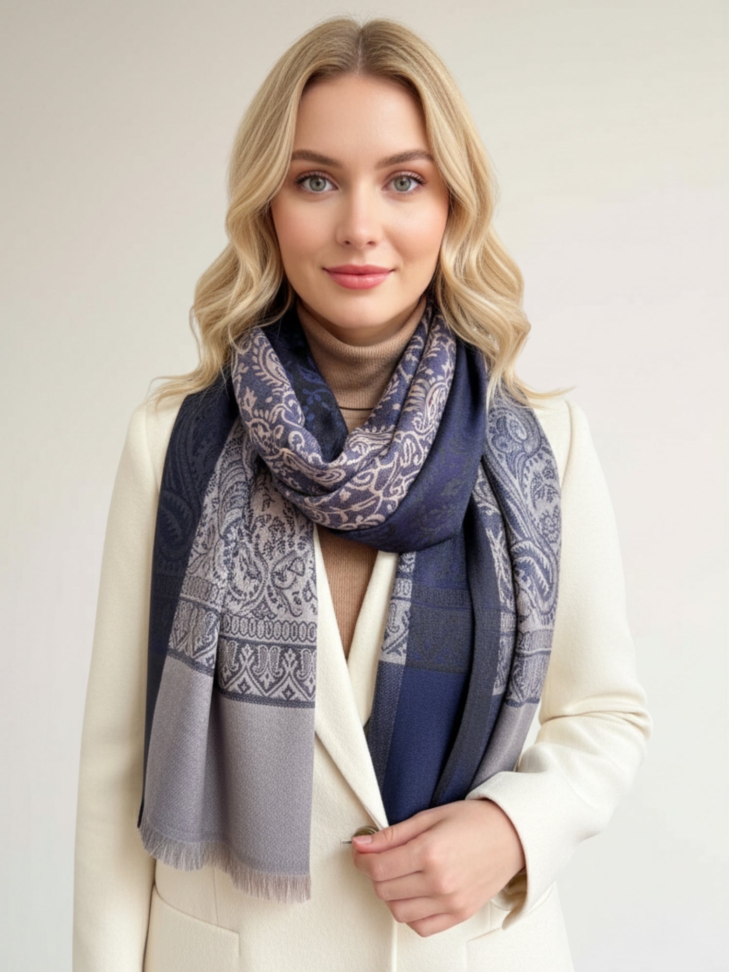 LARGE REVERSIBLE PAISLEY PRINT PASHMINA SHAWL SCARF WRAP - NAVY BLUE