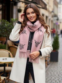 CASHMERE HIGHLAND COW PRINT REVERSIBLE WINTER SHAWL BLANKET SCARF - PINK