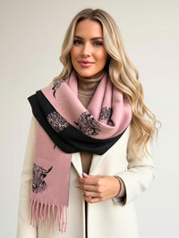 CASHMERE HIGHLAND COW PRINT REVERSIBLE WINTER SHAWL BLANKET SCARF - PINK