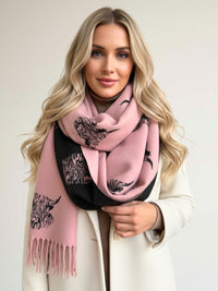 CASHMERE HIGHLAND COW PRINT REVERSIBLE WINTER SHAWL BLANKET SCARF - PINK