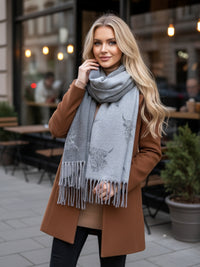 CASHMERE HIGHLAND COW PRINT REVERSIBLE WINTER SHAWL BLANKET SCARF - GREY