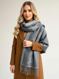 CASHMERE HIGHLAND COW PRINT REVERSIBLE WINTER SHAWL BLANKET SCARF - GREY