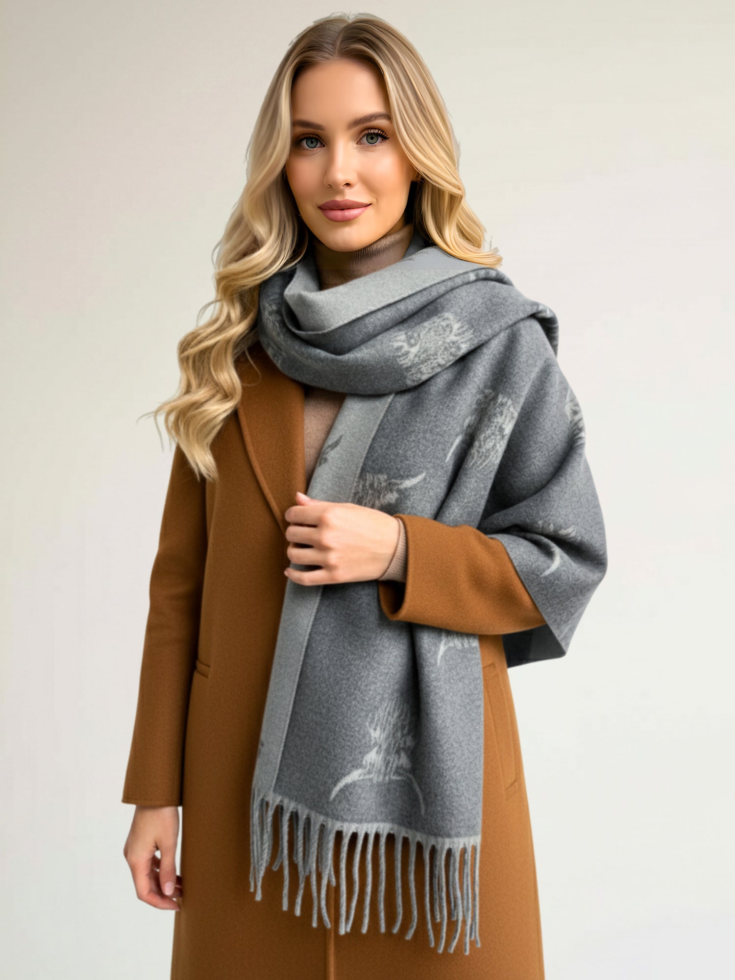CASHMERE HIGHLAND COW PRINT REVERSIBLE WINTER SHAWL BLANKET SCARF - GREY
