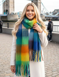 BLUE YELLOW CHECKED WOOL RAINBOW BLANKET SCARF OVERSIZED WINTER SHAWL WRAP