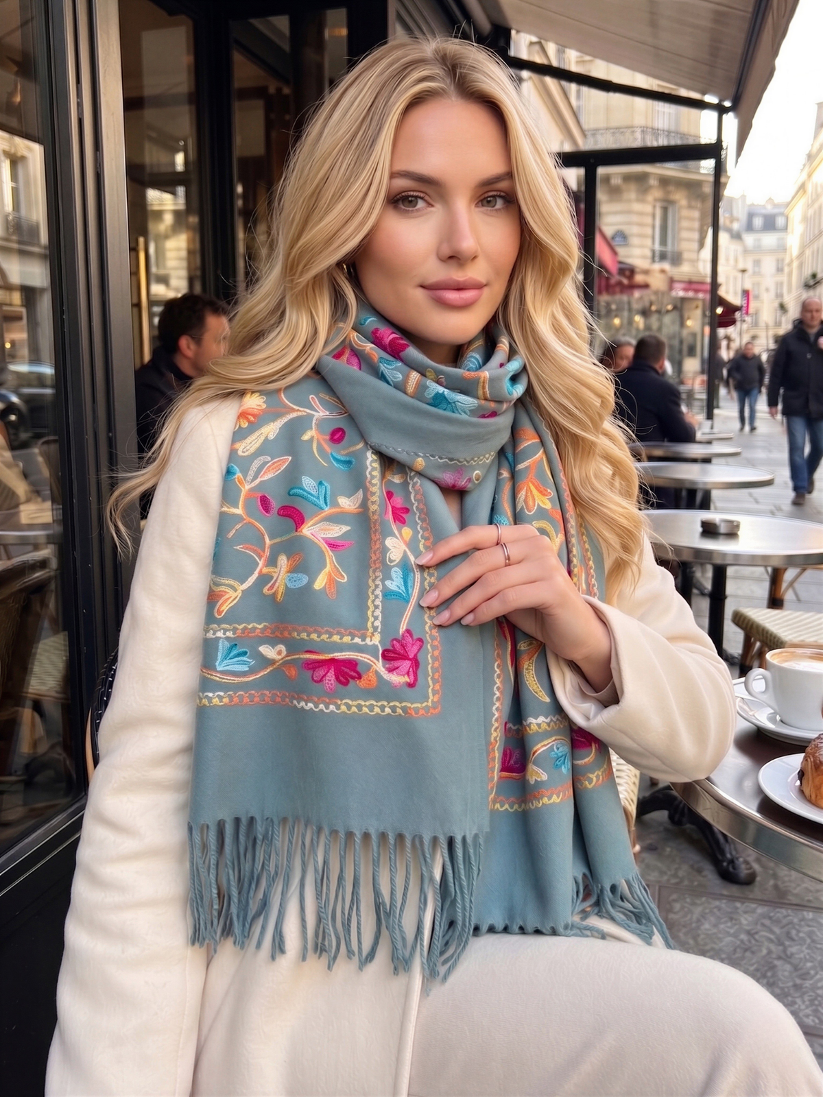 LARGE PASTEL GREEN FLOWER PRINT CASHMERE COTTON BLEND WINTER SHAWL BLANKET SCARF