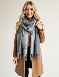 CASHMERE HIGHLAND COW PRINT REVERSIBLE WINTER SHAWL BLANKET SCARF - GREY
