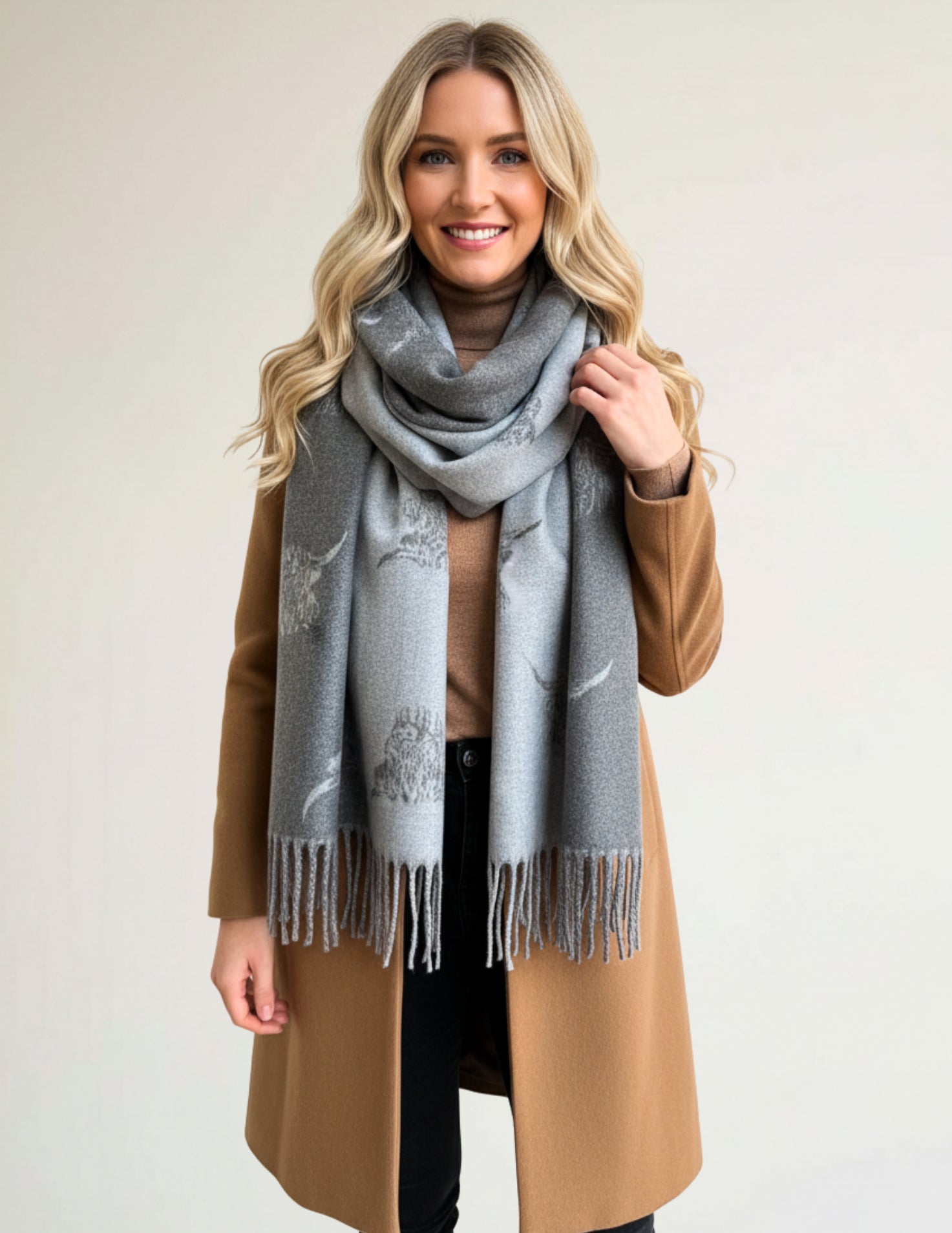 CASHMERE HIGHLAND COW PRINT REVERSIBLE WINTER SHAWL BLANKET SCARF - GREY