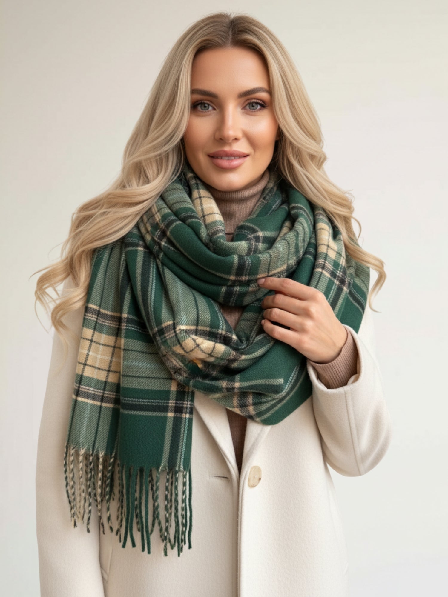 LONG GREEN CASHMERE BLEND CHECKED TARTAN SCARF